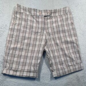 Y2K AGB Plaid Bermuda Shorts Women's 10 Cuffed Casual Comfort Beige‎ Brown